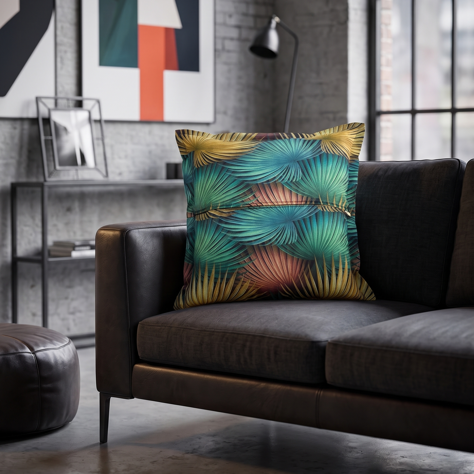 Cuscino Moderno di Lusso con Foglie Oro e Teal per Salotto