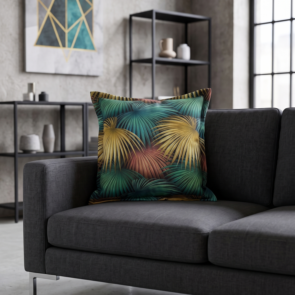 Cuscino Moderno di Lusso con Foglie Oro e Teal per Salotto