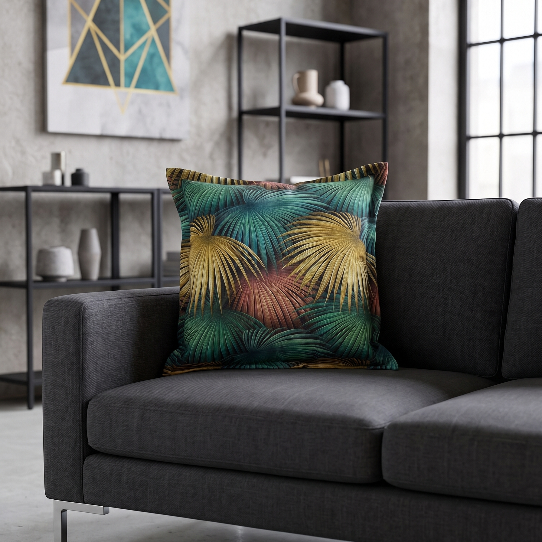 Cuscino Moderno di Lusso con Foglie Oro e Teal per Salotto