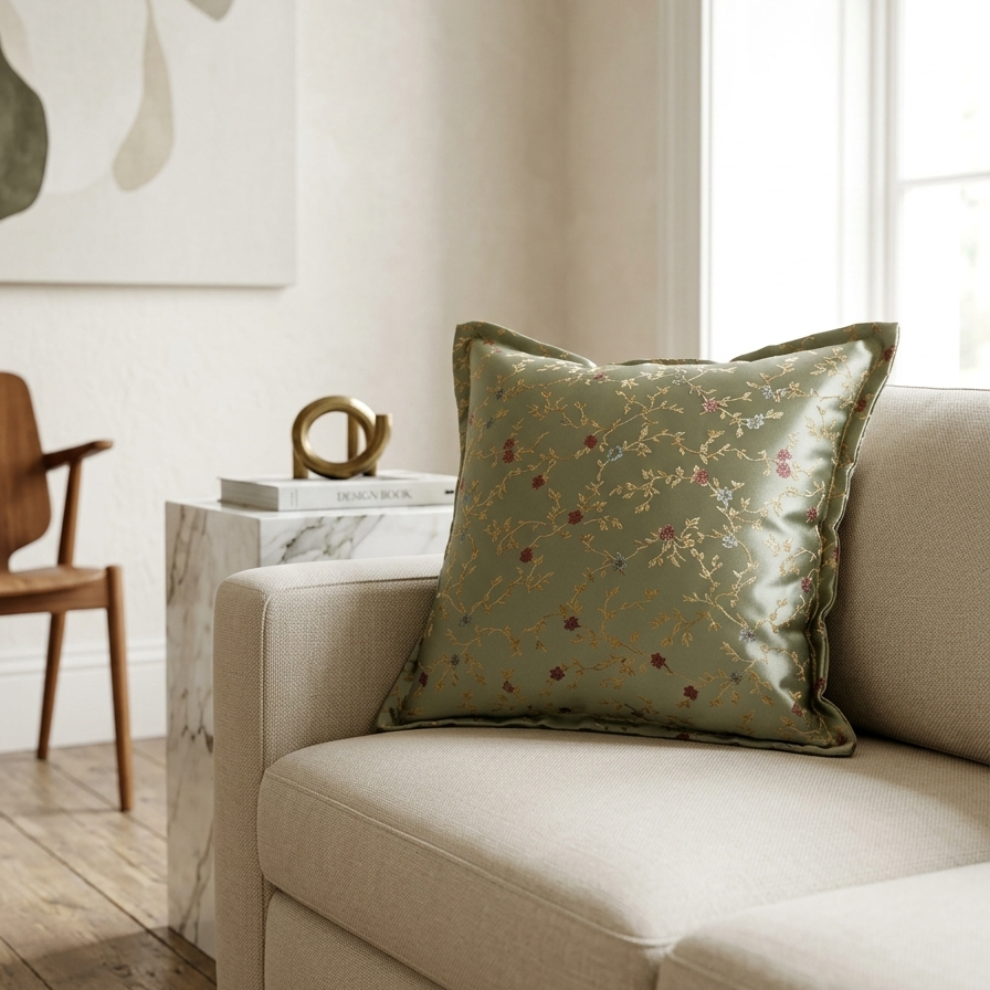Cuscino d'Arredo in Seta e Jacquard Floreale – Verde Salvia e Oro