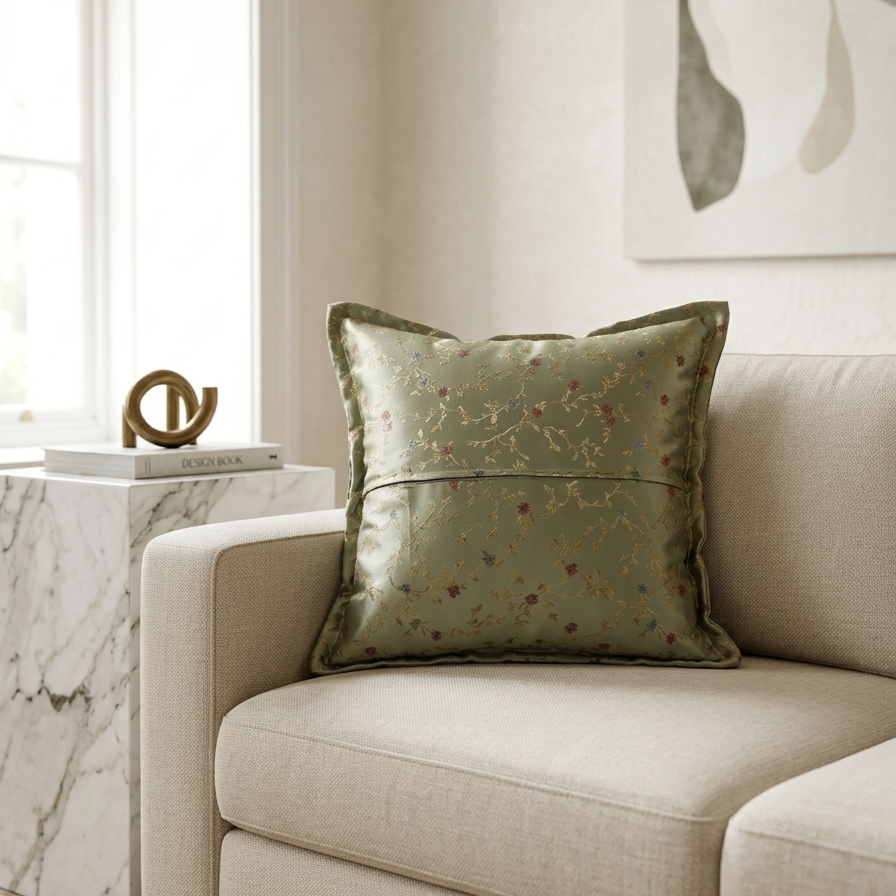 Cuscino d'Arredo in Seta e Jacquard Floreale – Verde Salvia e Oro
